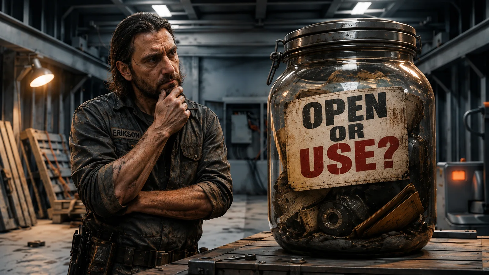 William in a dirty work suit, standing in a cargo hold with his hand on his chin, looking sceptically at a large glass jar with a clamp lid; a worn label on the jar reads OPEN OR USE?