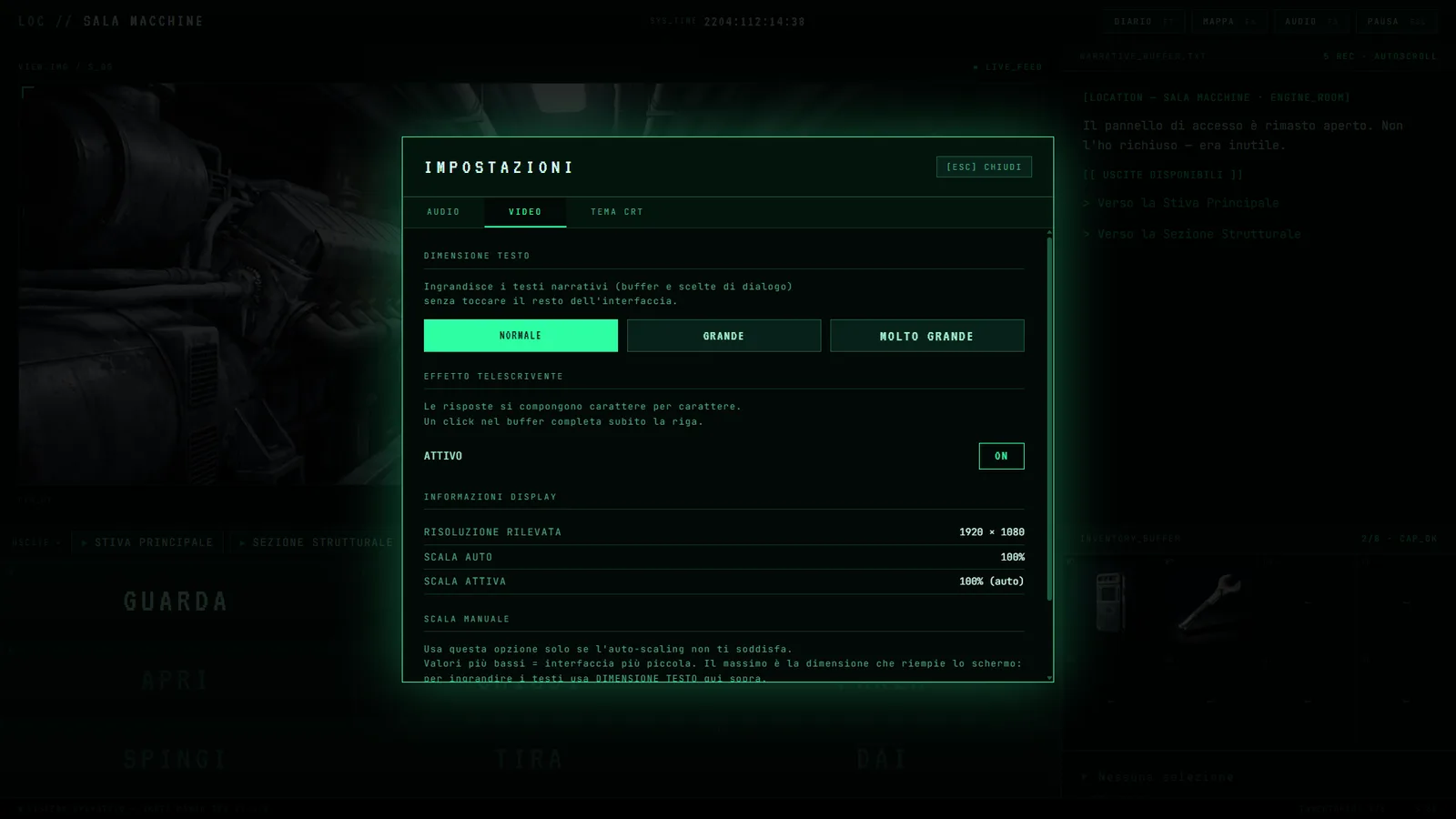 La scheda VIDEO delle impostazioni del gioco, con i tre livelli di dimensione del testo e i dati del display