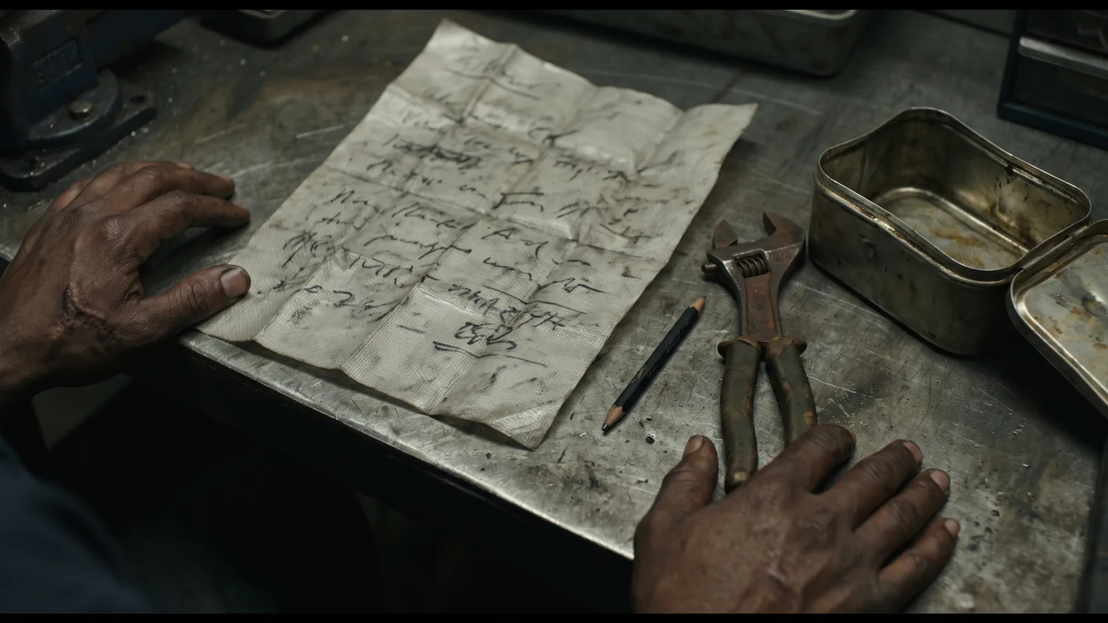 Un banco di lavoro metallico dentro una nave cargo: un foglio piegato e riaperto molte volte, coperto di scrittura a mano illeggibile, le mani scure di un uomo appoggiate al banco accanto al foglio, una matita, una chiave inglese e un contenitore a tenuta stagna aperto
