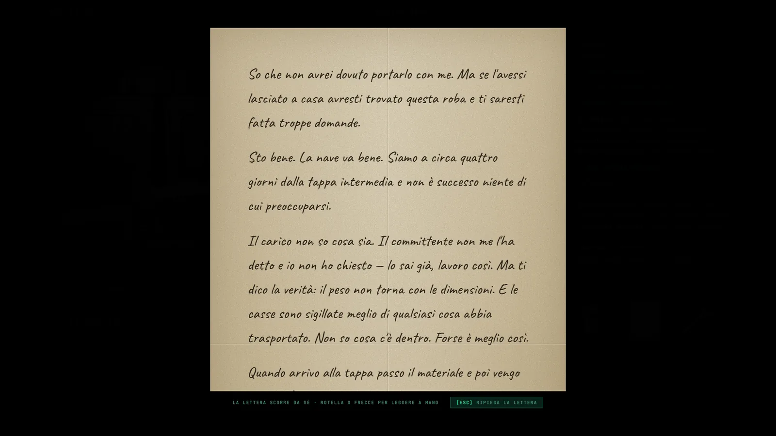 La lettera di Bosendo aperta a tutto schermo sopra la scena del vano cieco: carta chiara con la piega verticale al centro, testo in calligrafia corsiva