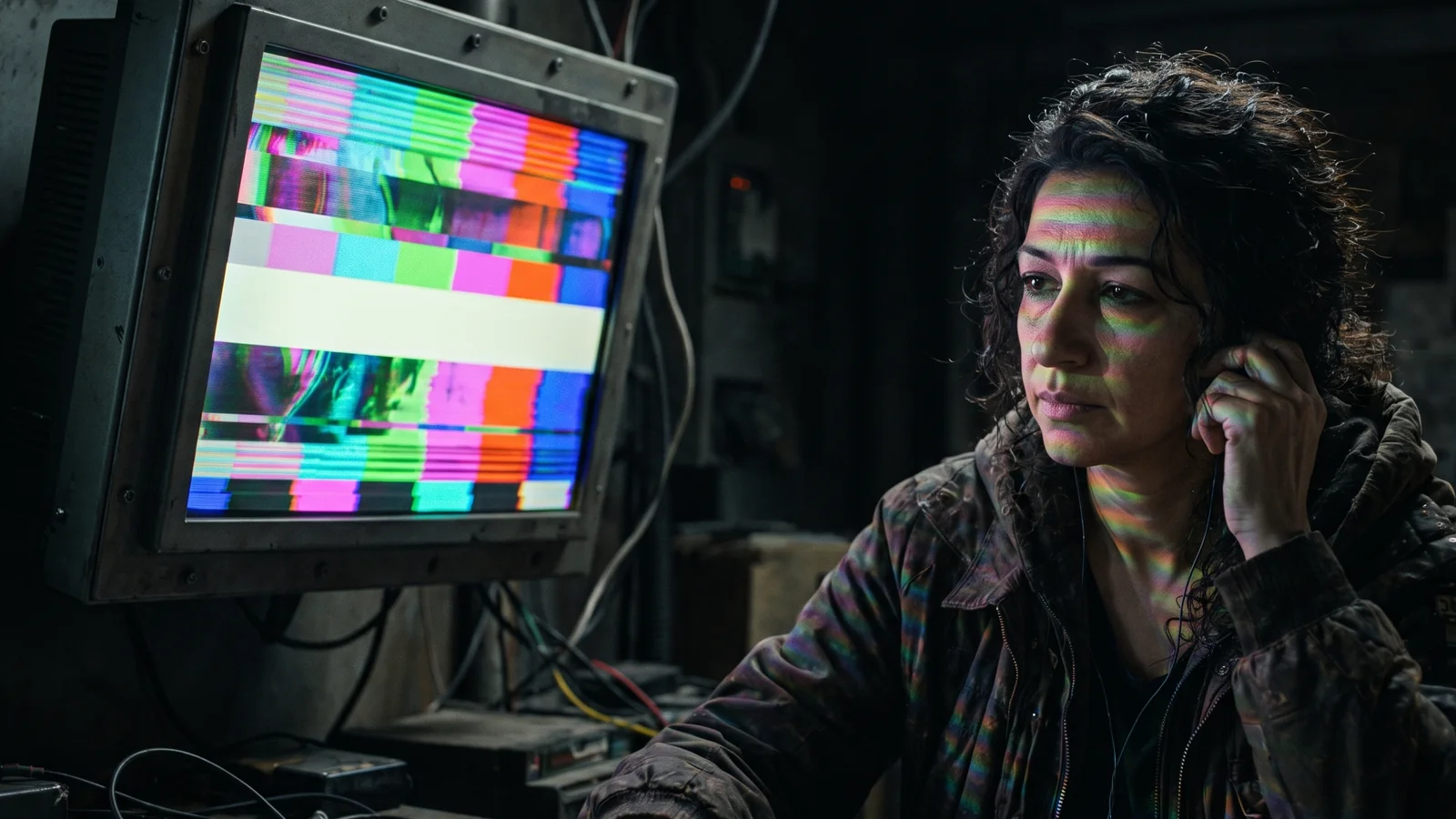 Una donna seduta al buio davanti a un monitor industriale guasto, il volto tagliato da bande di luce magenta e verde