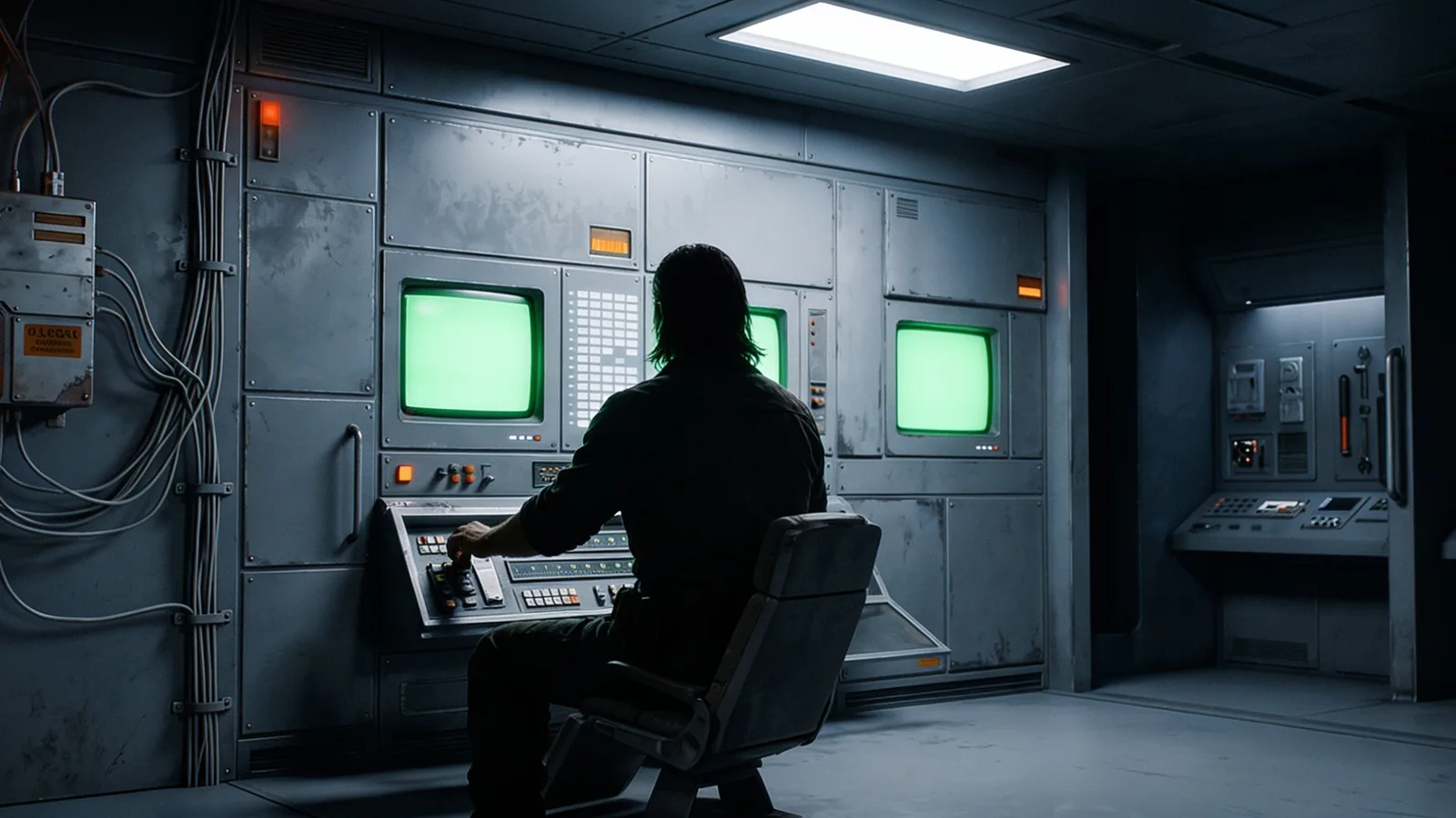 William di spalle, seduto alla console del modulo comunicazioni: tre monitor verdi accesi sulla paratia grigia, la mano sui comandi, la stanza in penombra