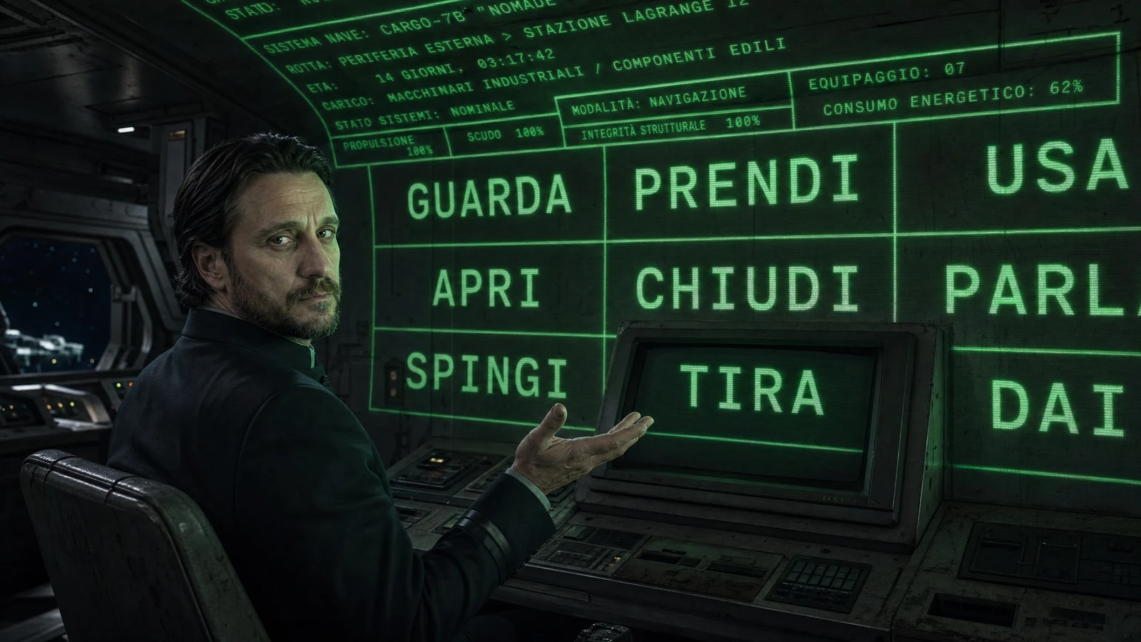 William seduto alla console della plancia, davanti a un monitor su cui l'interfaccia del gioco non ci sta: i pannelli e la griglia dei verbi sfondano il bordo dello schermo e proseguono sulla paratia intorno